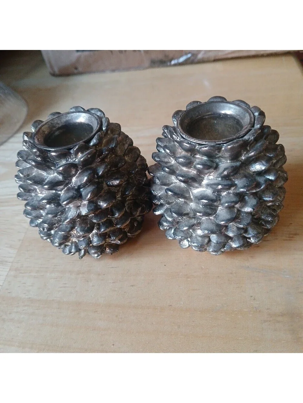 Metal Silver Plate Set Pair PineCone Taper Candle Holders Fall Christmas Decor